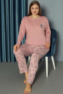 Çiçek Nakışlı Büyük Beden Pijama Takımı Pudra 