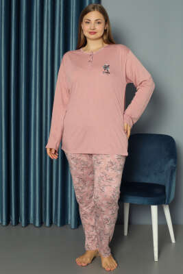 Çiçek Nakışlı Büyük Beden Pijama Takımı Pudra - Pijama & Gecelik