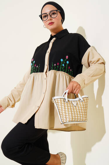 Çiçek Nakışlı Büzgülü Gömlek Bej - Gömlek