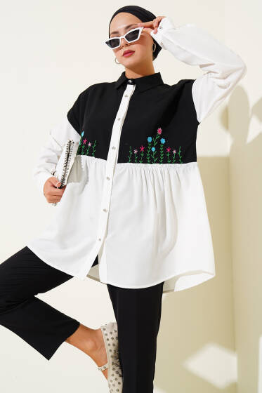 Çiçek Nakışlı Büzgülü Gömlek Beyaz - Gömlek