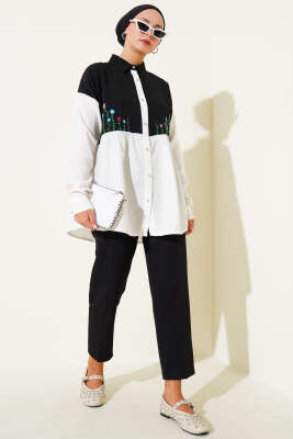 Çiçek Nakışlı Büzgülü Gömlek Beyaz - Yılın Fırsatı