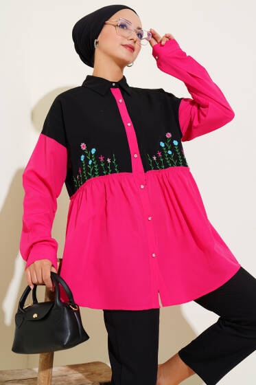 Çiçek Nakışlı Büzgülü Gömlek Fuşya - Gömlek