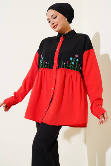 Çiçek Nakışlı Büzgülü Gömlek Kırmızı - Gömlek