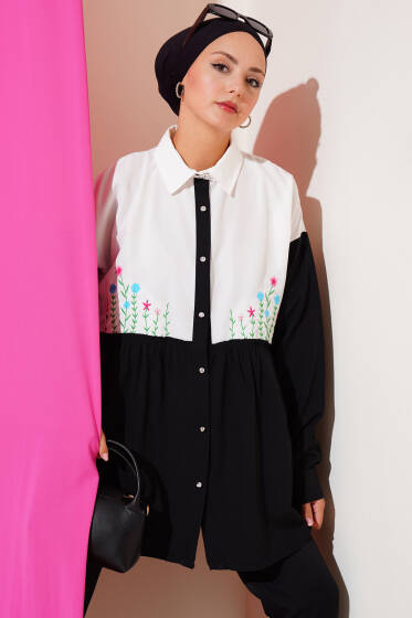 Çiçek Nakışlı Büzgülü Gömlek Siyah - Gömlek