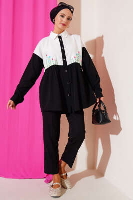 Çiçek Nakışlı Büzgülü Gömlek Siyah - Yılın Fırsatı