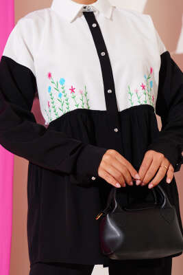 Çiçek Nakışlı Büzgülü Gömlek Siyah - Yılın Fırsatı