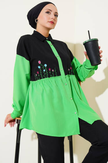 Çiçek Nakışlı Büzgülü Gömlek Yeşil - Gömlek