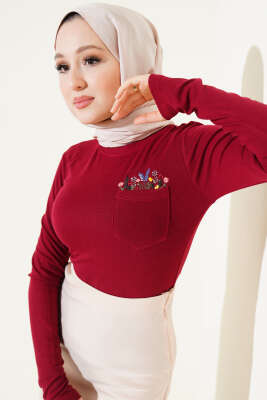 Çiçek Nakışlı Cepli Body Bordo