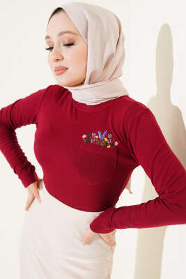 Çiçek Nakışlı Cepli Body Bordo - Yılın Fırsatı