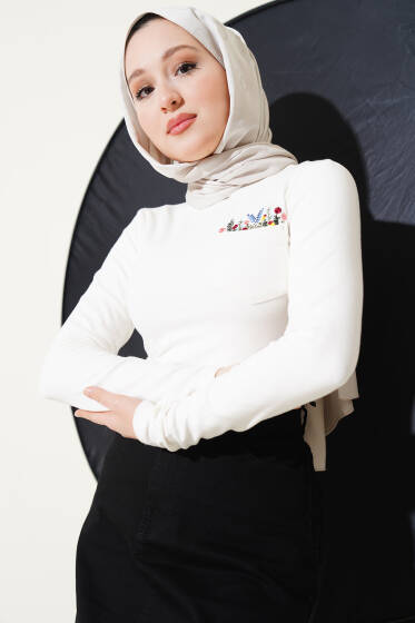 Çiçek Nakışlı Cepli Body Ekru - Yılın Fırsatı