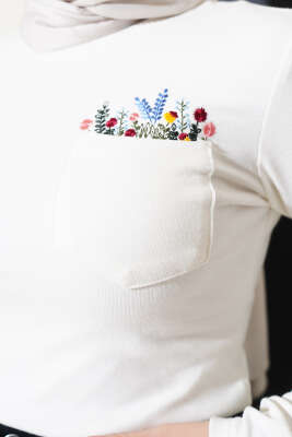 Çiçek Nakışlı Cepli Body Ekru - Yılın Fırsatı