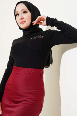 Çiçek Nakışlı Cepli Body Siyah - Yılın Fırsatı