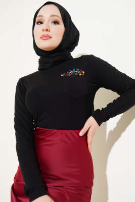 Çiçek Nakışlı Cepli Body Siyah