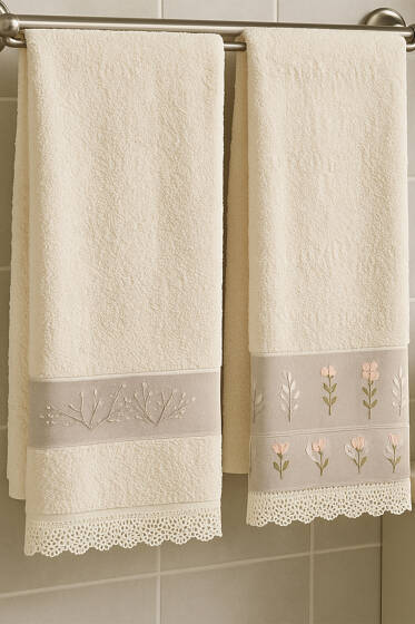 Çiçek Nakışlı Dantelli 2'li El Havlusu Asorti 1 - HAVLU TAKIMLARI
