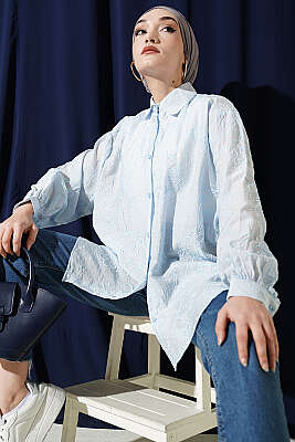 Çiçek Nakışlı Detaylı Gömlek Buz Mavisi - Gömlek