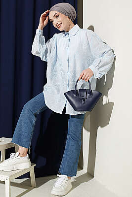 Çiçek Nakışlı Detaylı Gömlek Buz Mavisi - Gömlek