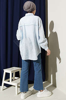 Çiçek Nakışlı Detaylı Gömlek Buz Mavisi - Gömlek