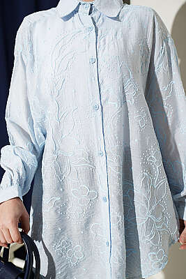 Çiçek Nakışlı Detaylı Gömlek Buz Mavisi - Gömlek