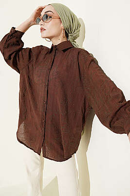 Çiçek Nakışlı Detaylı Gömlek Kahve 