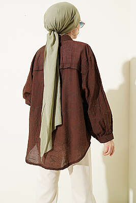 Çiçek Nakışlı Detaylı Gömlek Kahve - Gömlek