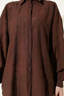 Çiçek Nakışlı Detaylı Gömlek Kahve - Gömlek