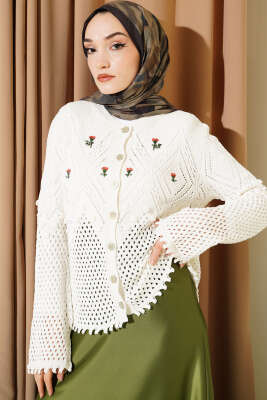 Çiçek Nakışlı Düğmeli Kısa Triko Hırka Beyaz - VANİZA TRİKO