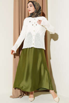 Çiçek Nakışlı Düğmeli Kısa Triko Hırka Beyaz - Hırka