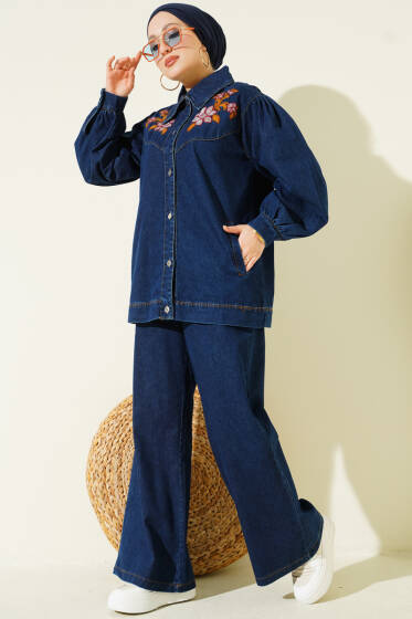 Çiçek Nakışlı Düğmeli Kot İkili Takım Mavi - İkili Takım