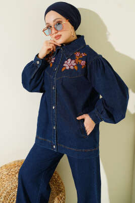 Çiçek Nakışlı Düğmeli Kot İkili Takım Mavi - İkili Takım