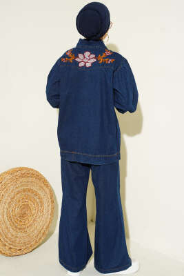 Çiçek Nakışlı Düğmeli Kot İkili Takım Mavi - İkili Takım