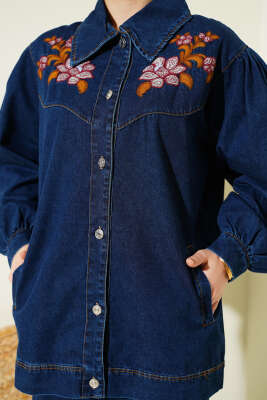 Çiçek Nakışlı Düğmeli Kot İkili Takım Mavi - İkili Takım