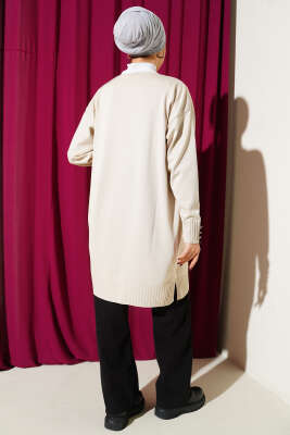 Çiçek Nakışlı Düğmeli Merserize Hırka Bej - Yılın Fırsatı