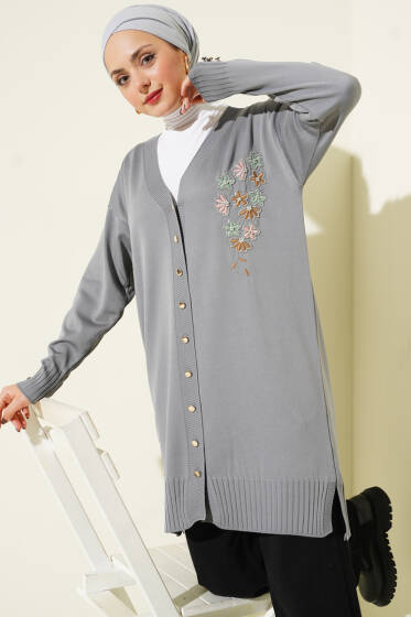Çiçek Nakışlı Düğmeli Merserize Hırka Gri - Hırka
