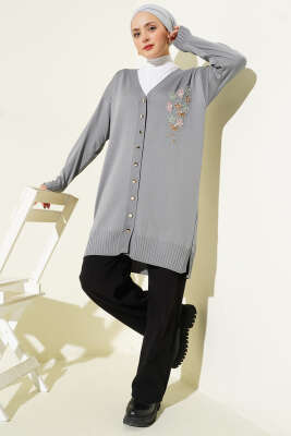 Çiçek Nakışlı Düğmeli Merserize Hırka Gri - Hırka