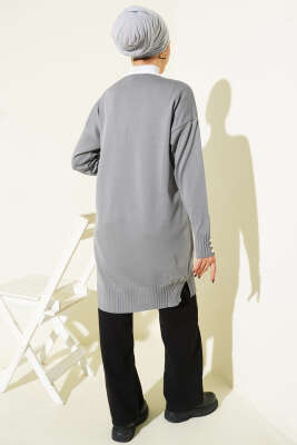 Çiçek Nakışlı Düğmeli Merserize Hırka Gri - Hırka