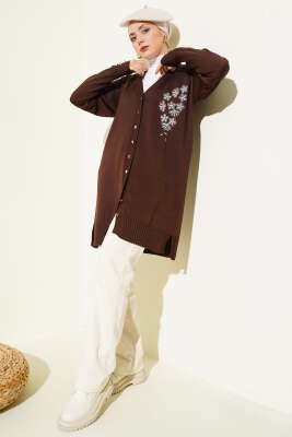 Çiçek Nakışlı Düğmeli Merserize Hırka Kahve - Yılın Fırsatı