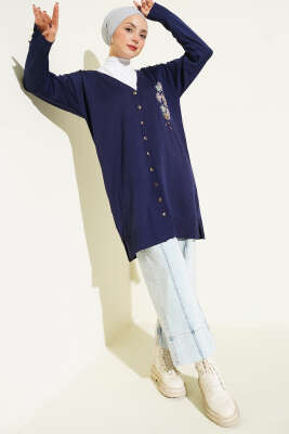 Çiçek Nakışlı Düğmeli Merserize Hırka Lacivert - Hırka