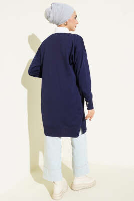 Çiçek Nakışlı Düğmeli Merserize Hırka Lacivert - Hırka