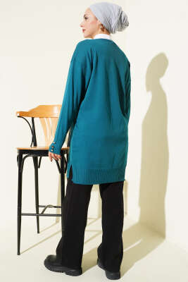 Çiçek Nakışlı Düğmeli Merserize Hırka Petrol - Hırka