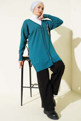 Çiçek Nakışlı Düğmeli Merserize Hırka Petrol - Yılın Fırsatı