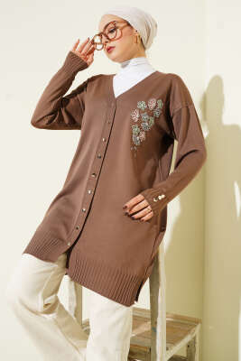 Çiçek Nakışlı Düğmeli Merserize Hırka Vizon - NOVALÜX