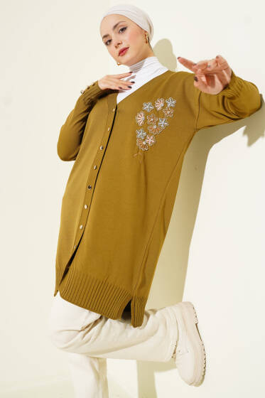 Çiçek Nakışlı Düğmeli Merserize Hırka Yağ Yeşili - Hırka