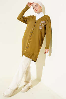 Çiçek Nakışlı Düğmeli Merserize Hırka Yağ Yeşili - Yılın Fırsatı