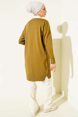 Çiçek Nakışlı Düğmeli Merserize Hırka Yağ Yeşili - Yılın Fırsatı