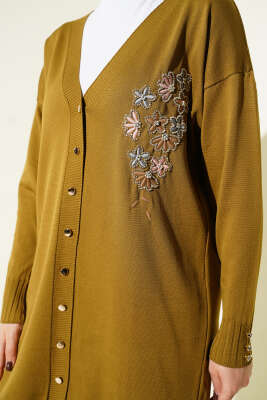 Çiçek Nakışlı Düğmeli Merserize Hırka Yağ Yeşili - Yılın Fırsatı