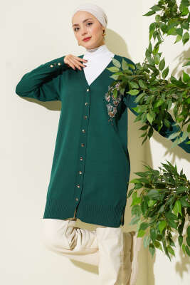 Çiçek Nakışlı Düğmeli Merserize Hırka Zümrüt - NOVALÜX