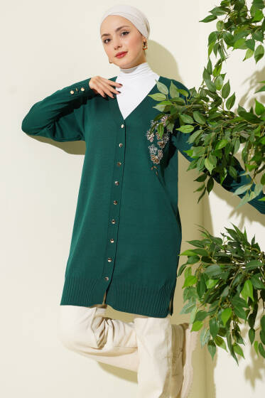 Çiçek Nakışlı Düğmeli Merserize Hırka Zümrüt - Hırka