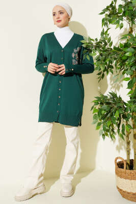 Çiçek Nakışlı Düğmeli Merserize Hırka Zümrüt - Hırka