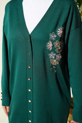 Çiçek Nakışlı Düğmeli Merserize Hırka Zümrüt - Yılın Fırsatı