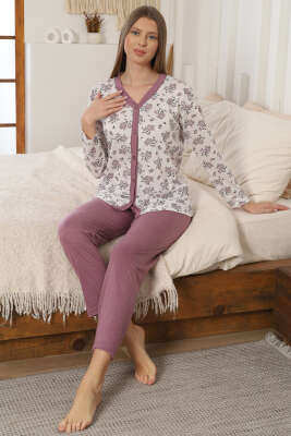 Çiçek Nakışlı Düğmeli Pijama Takımı Gül Kurusu - GLİSA
